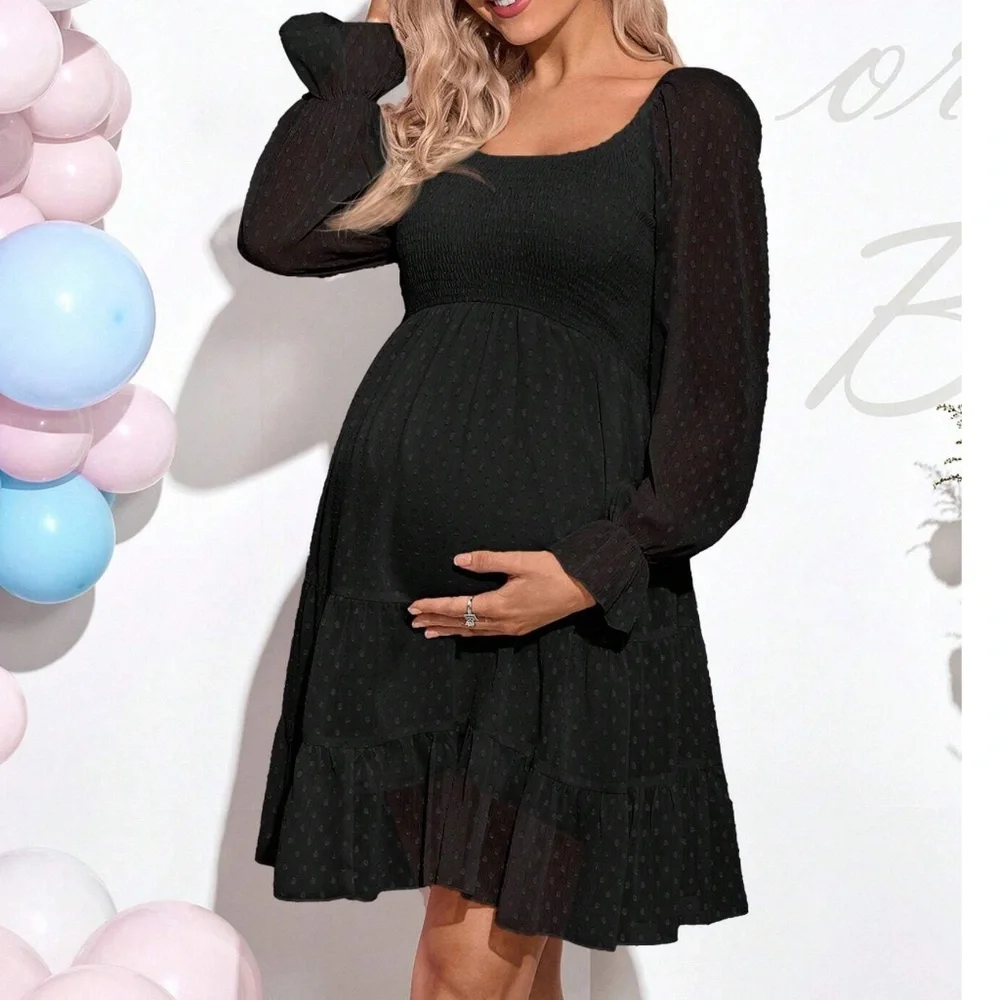 Maternity Polka Dot Shirred Bust Long Sleeve Ruffle Mini Dress
